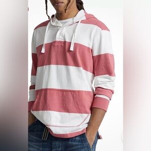 Polo Ralph Lauren Pink/Red + White Hooded Rugby 💯 Cotton Jersey Shirt